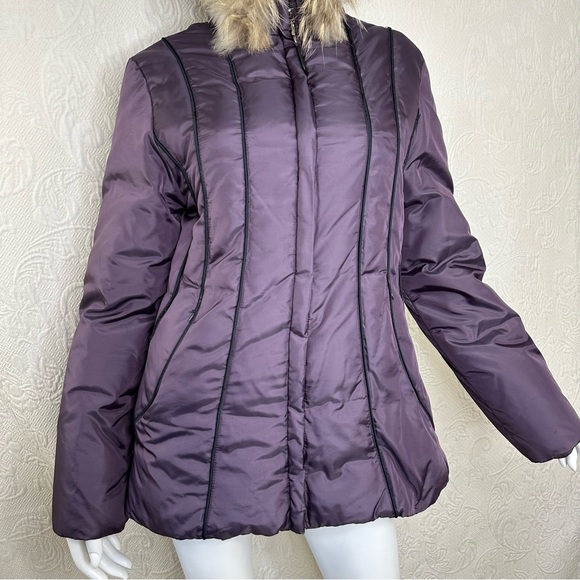 Via Spiga Plum Down Puffer Coat with Raccoon Fur Trim Hood - Picture 3 of 16